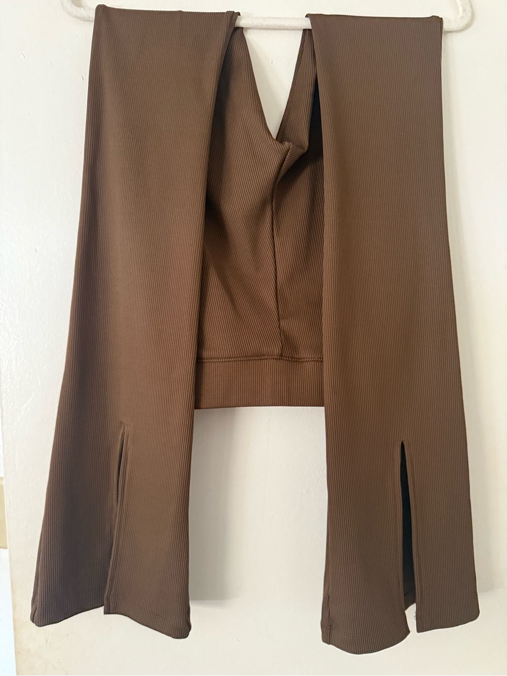 NYLORA Brown Ribbed High-Waist Flare Pants with Front Slits - Picture 5 of 5